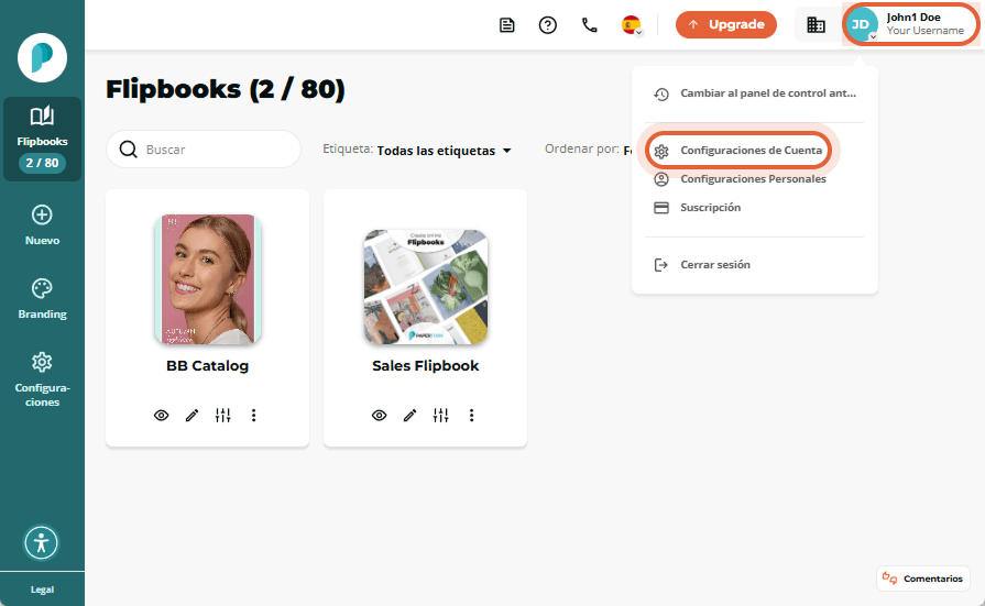 Panel de Flipbooks con el menú desplegable del avatar de usuario abierto y la opción “Configuración 