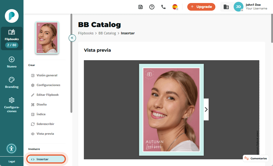 En la pestaña de incrustación, vista previa de cómo se verá el flipbook incrustado.