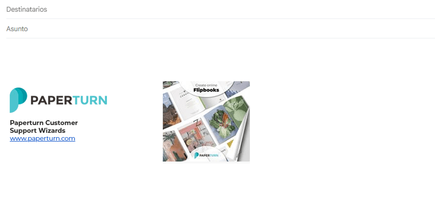 Ventana de redacción de Gmail que muestra una firma de correo de Paperturn con logotipo, eslogan y u