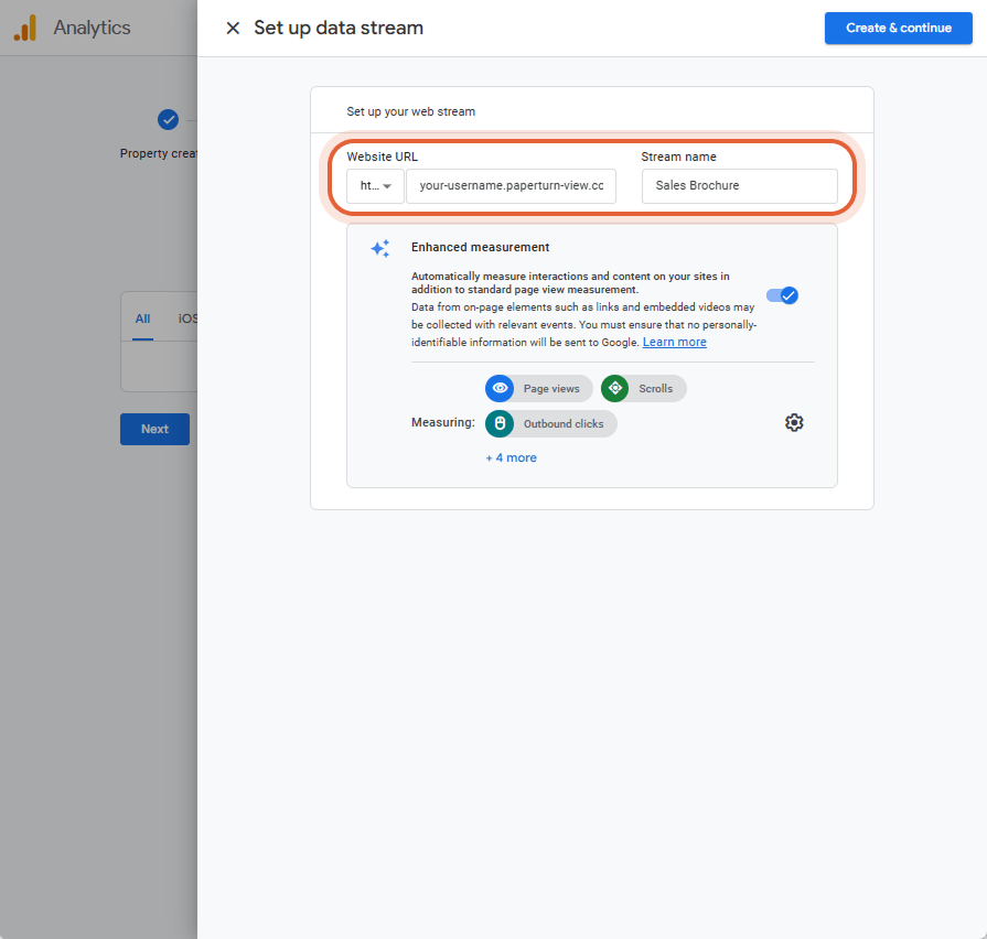 Configurar la transmisión de datos introduciendo la URL del sitio web y nombrando el flujo 