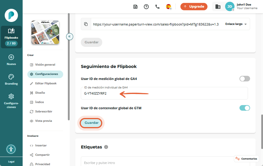 Configuración de seguimiento del flipbook con el campo de ID de medición GA4 completado y el botón 