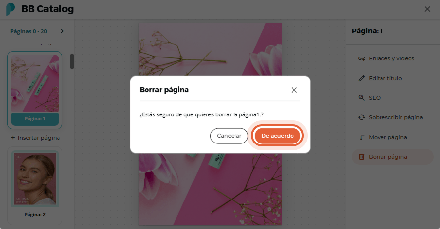 El usuario confirma la eliminación de la página 1 con imagen de producto