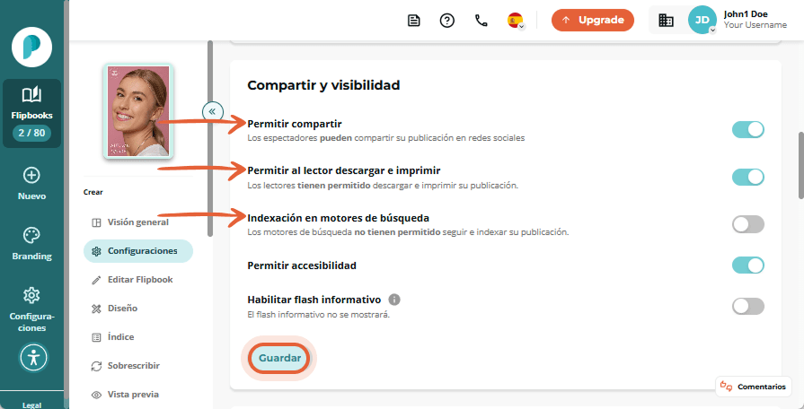 Configuración de uso compartido con interruptores activados para compartir, descargar/imprimir e ind