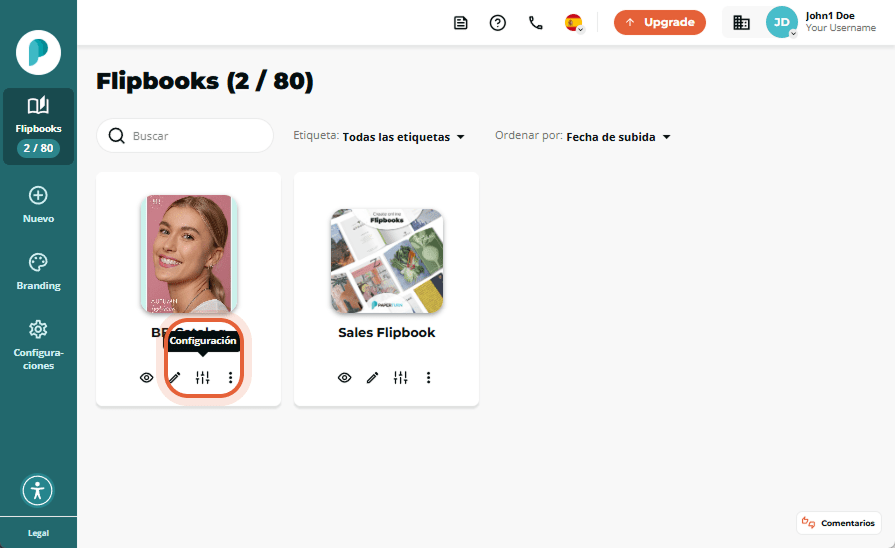 Vista general del flipbook con el icono de configuración nuevamente resaltado para el catálogo BB