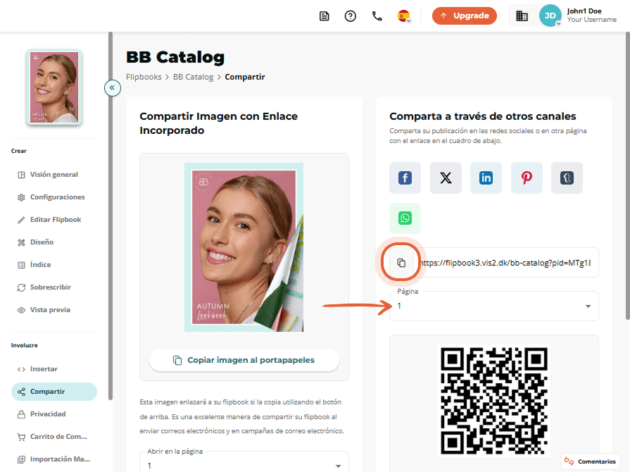 Pantalla de compartir imagen con código QR y botón 