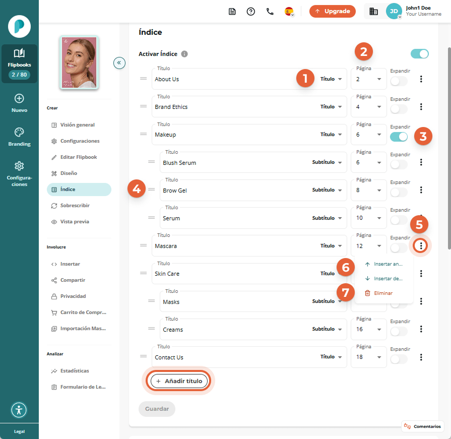Interfaz de flipbook que muestra subtítulos anidados expandidos bajo encabezados en la tabla de cont