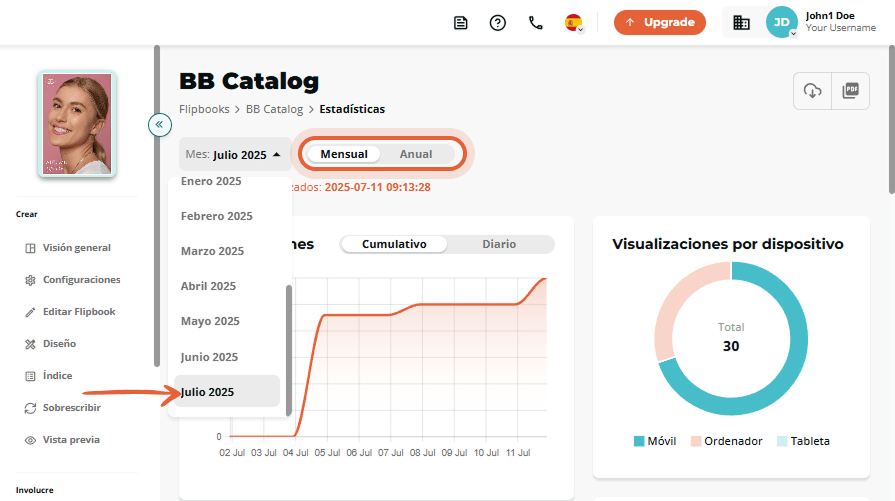 Filtro mensual seleccionado para estadísticas de flipbook con menú desplegable ampliado.