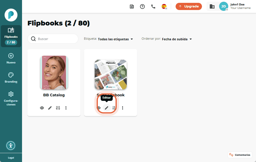 Icono de edición resaltado debajo de la vista previa de Sales Flipbook en el panel de flipbooks. Icono de edición resaltado debajo de la vista previa de Sales Flipbook en el panel de flipbooks.