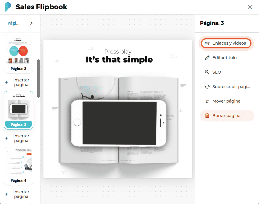Menú de enlaces y vídeos abierto con la página 3 de un flipbook mostrada y un iPhone sobre un libro Menú de enlaces y vídeos abierto con la página 3 de un flipbook mostrada y un iPhone sobre un libro