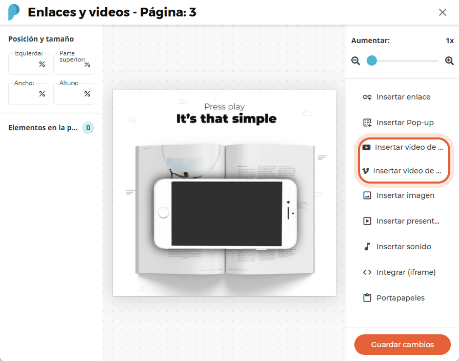 Menú Insertar vídeo con las opciones Insertar YouTube e Insertar Vimeo resaltadas a la derecha. Menú Insertar vídeo con las opciones Insertar YouTube e Insertar Vimeo resaltadas a la derecha.