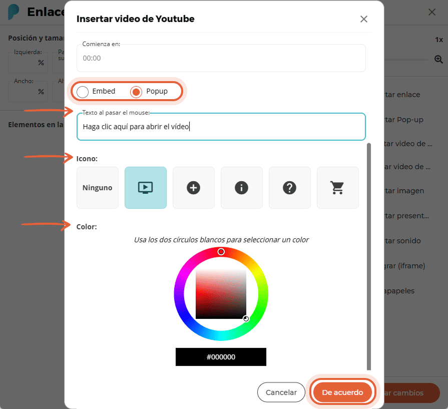 Ajustes de apariencia del vídeo de YouTube con ventana emergente seleccionada, texto personalizado, Ajustes de apariencia del vídeo de YouTube con ventana emergente seleccionada, texto personalizado,