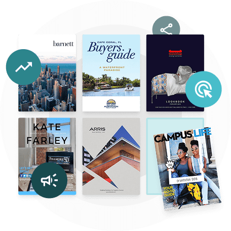Collection of digital publications representing performance tracking, sharing, and engagement analyt
