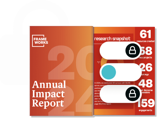 Open booklet displaying an Annual Impact Report with orange gradient cover. The inside spread shows how Paperturn helps securely share and protect confidential documents.