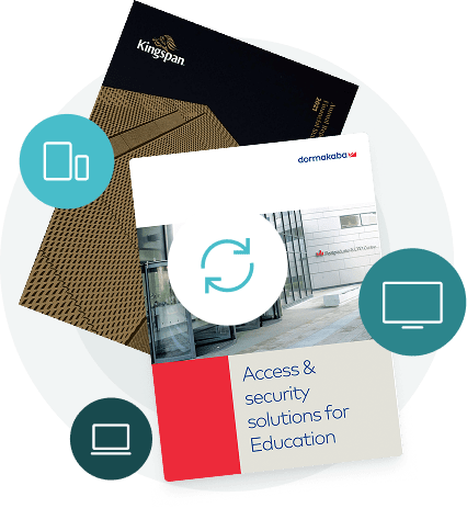 Stack of professional brochures with sync and device icons — showing how Paperturn lets firms update and manage documents across devices.