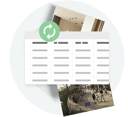 Spreadsheet-style document with a sync icon — showing how Paperturn lets firms update reports and proposals without breaking links.