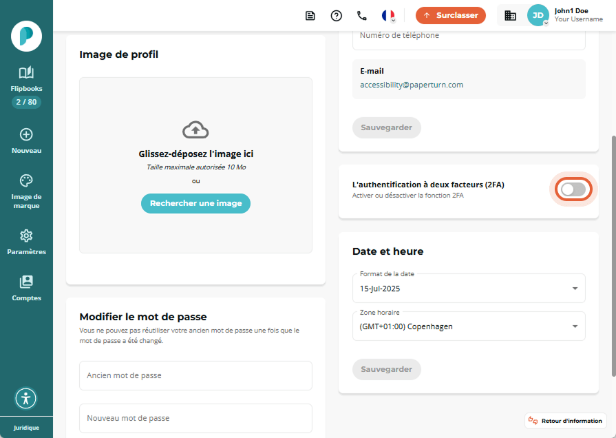 Panneau des paramètres personnels avec le bouton 2FA en position désactivée