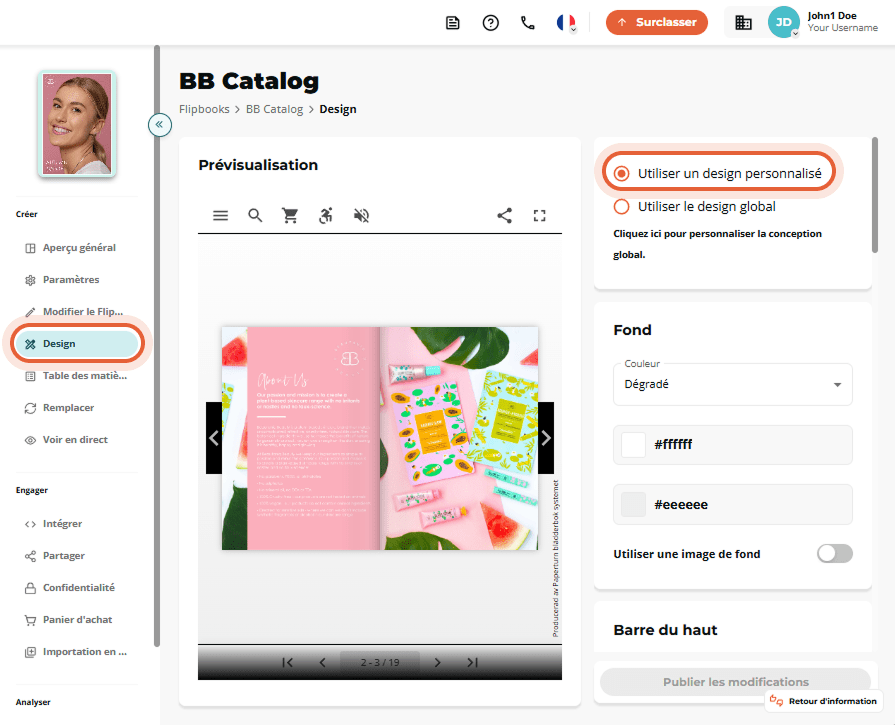 Vue Design de « BB Catalog » avec l’onglet Design de gauche actif et le bouton radio « Utiliser un d