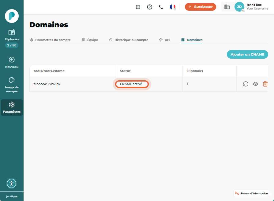Liste des domaines affichant une entrée CNAME avec le badge d’état « CNAME activated » mis en éviden