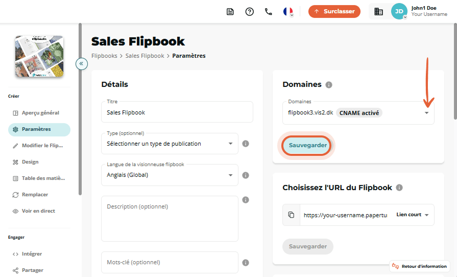 Page des paramètres de Sales Flipbook avec le CNAME activé sélectionné dans la liste déroulante Doma