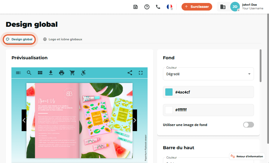Page de design global ouverte avec l’onglet “Design global” actif et aperçu du flipbook avec contrôl