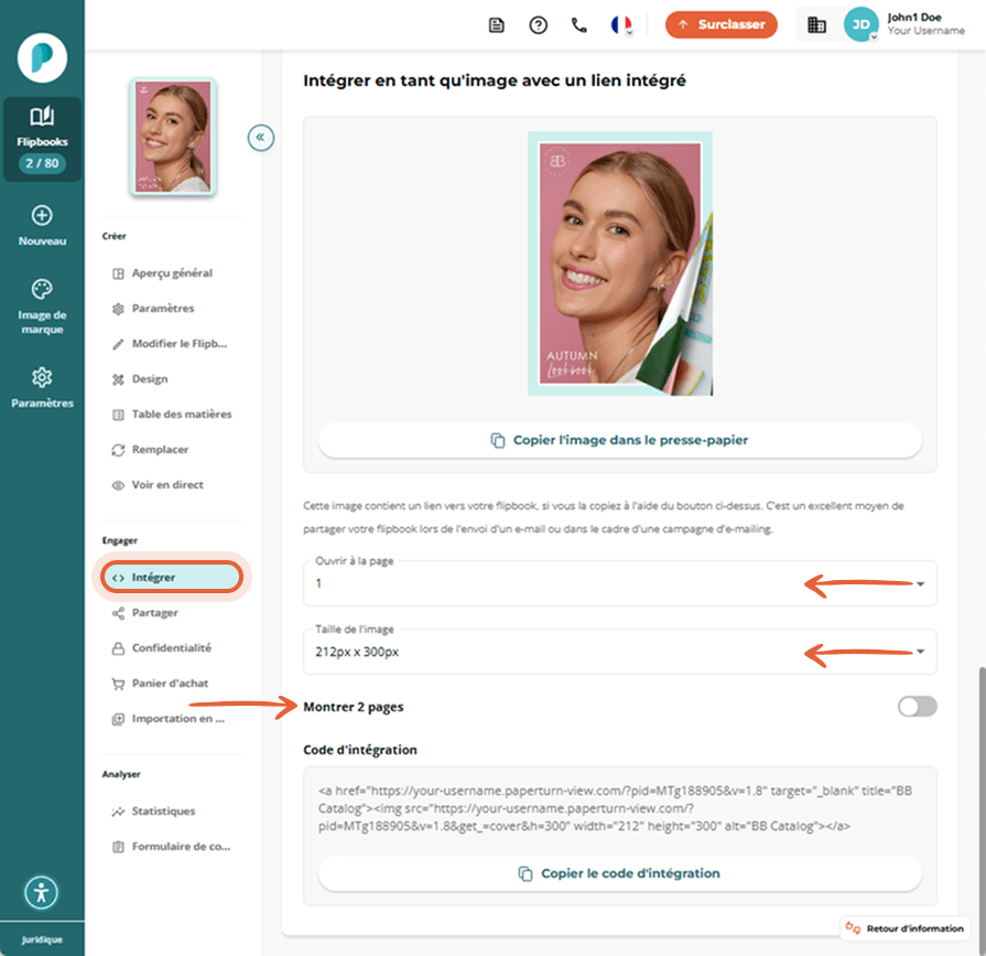 Configurez le numéro de page et la taille de l'image, puis copiez le code d'intégration depuis 