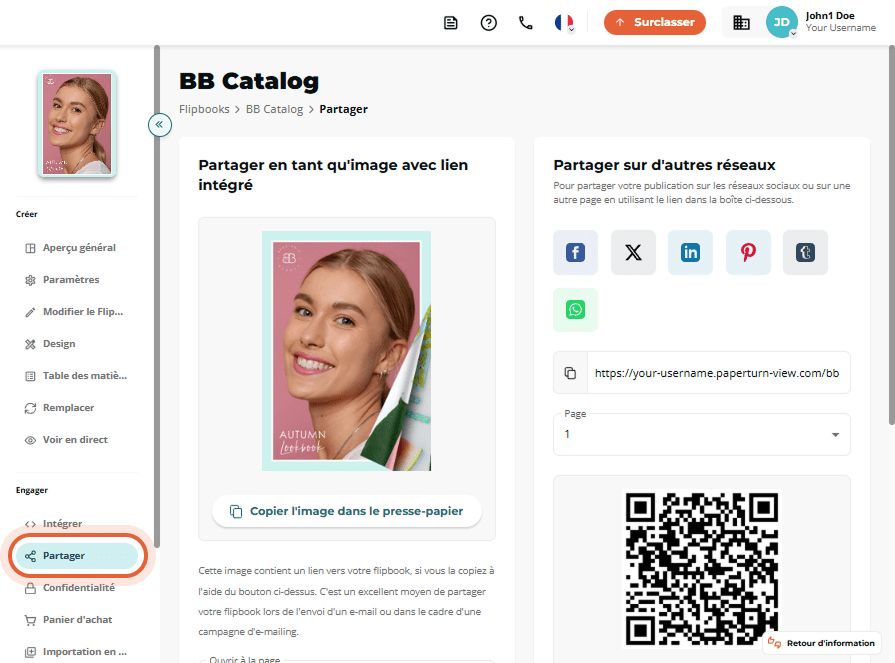 Onglet Share de « BB Catalog » avec un aperçu image-lien et les icônes de partage sur les réseaux so