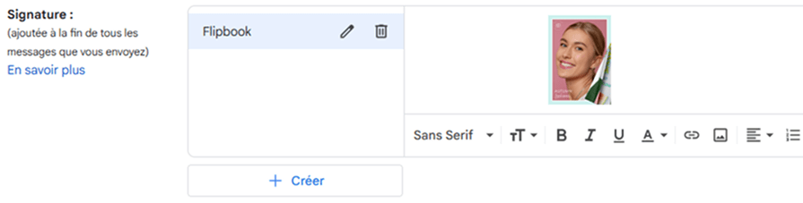 Éditeur de signature Gmail affichant l’image de couverture du flipbook insérée dans la signature.