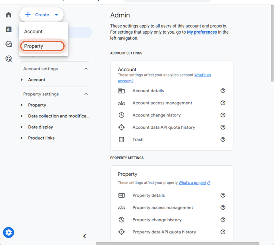 Section Admin dans Google Analytics avec l'option de création d'une nouvelle propriété sélectionnée.
