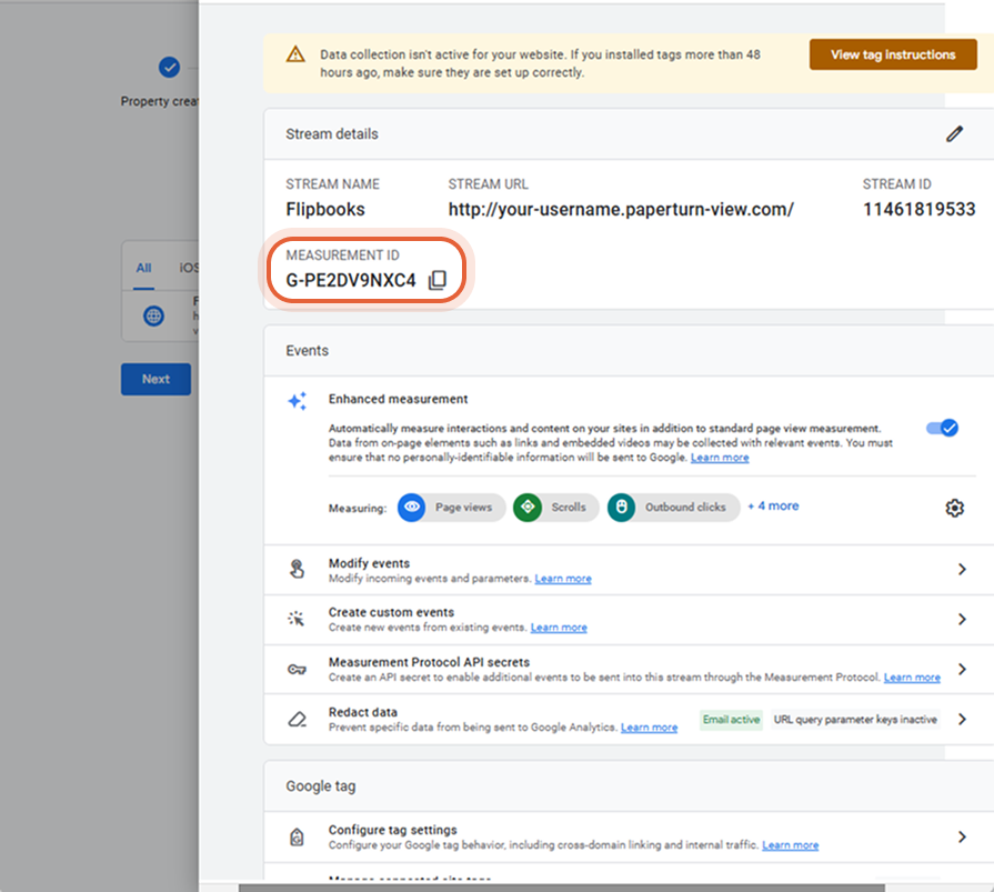 Détails du flux Web avec ID de mesure et paramètres de mesure améliorés.