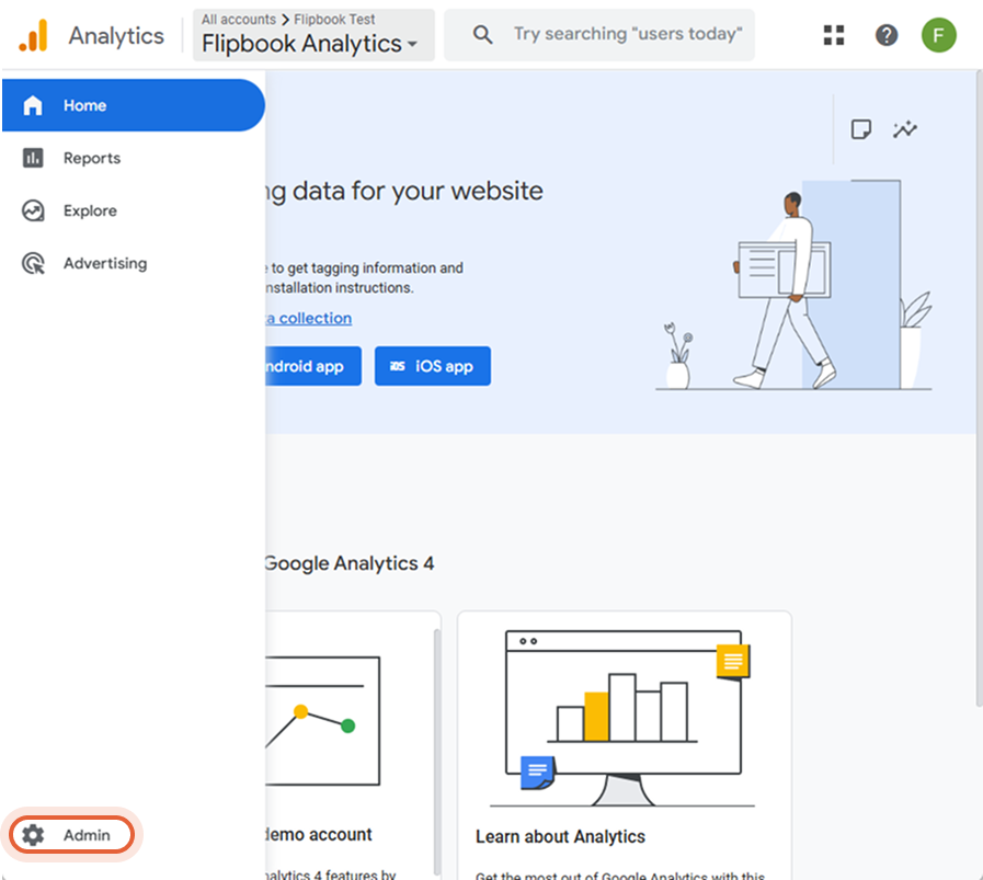 Espace Admin de Google Analytics avec création de propriété et paramètres de propriété visibles.
