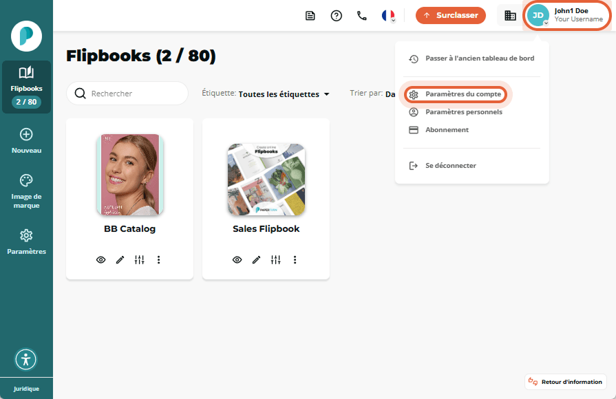 La page des flipbooks est affichée avec le menu de profil ouvert, l’option Paramètres du compte dans