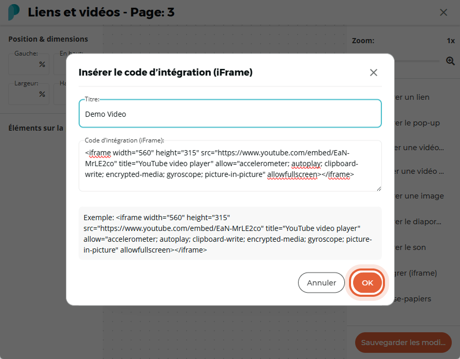 Un code d’intégration et un titre pour une vidéo YouTube intitulée « Demo Video » sont saisis dans l