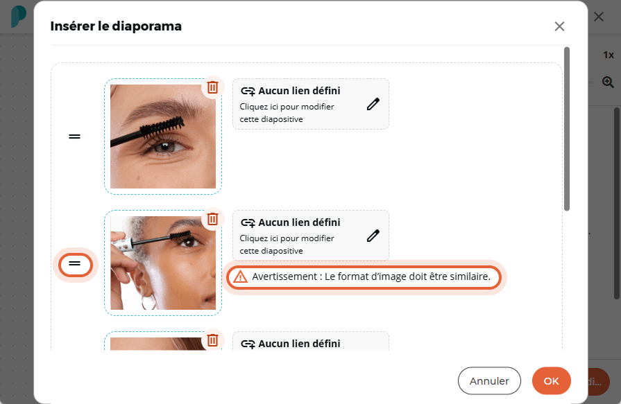 Un message d’avertissement s’affiche sous la deuxième diapositive indiquant que le ratio d’image doi