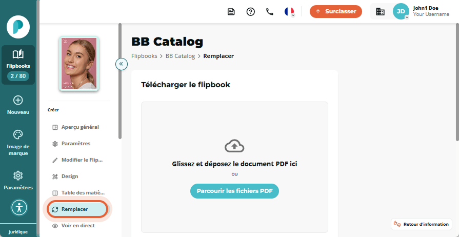 Tableau de bord du flipbook avec le menu d'options ouvert montrant la sélection 