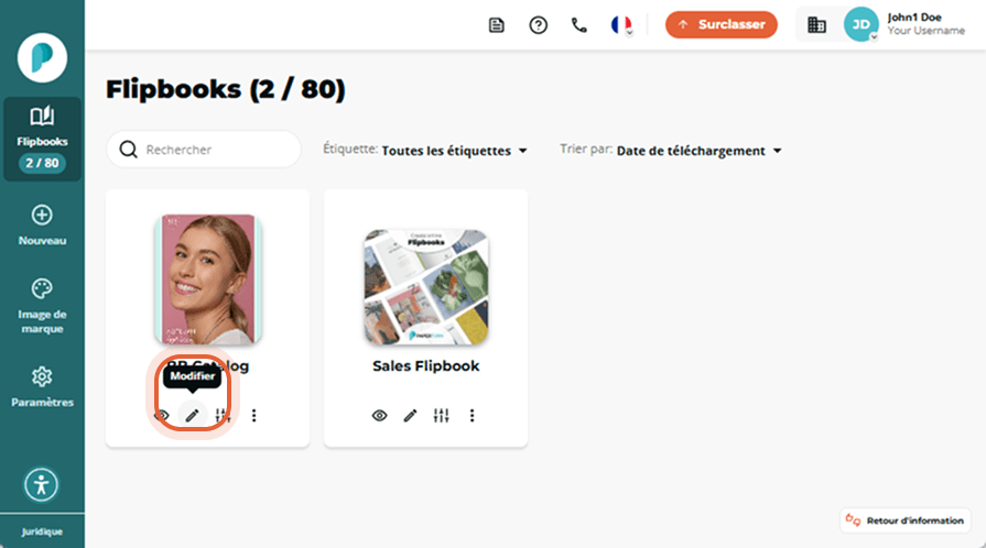 L’utilisateur clique sur l’icône « Modifier » dans le flipbook du catalogue BB