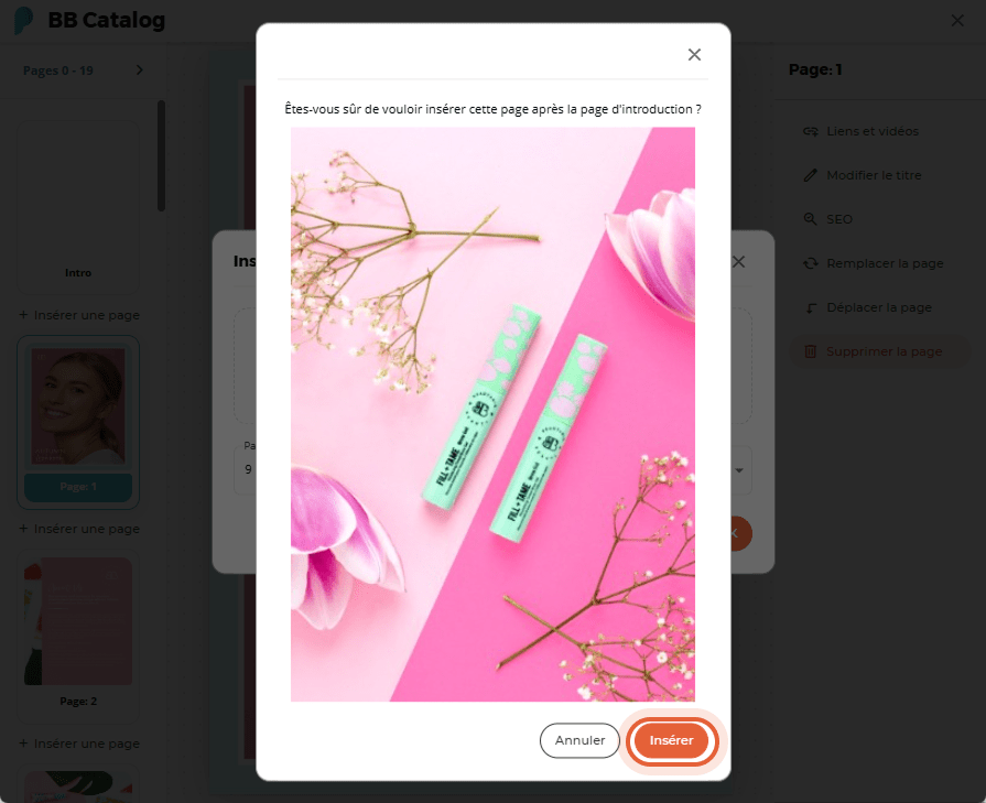 L’utilisateur prévisualise la nouvelle page insérée avec des produits BB sur un fond rose