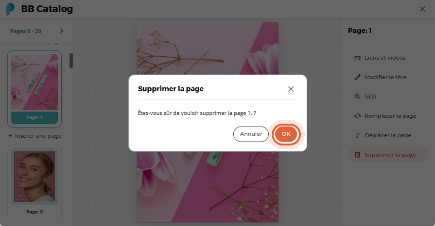 L’utilisateur confirme la suppression de la page&nbsp;1 avec l’image du produit