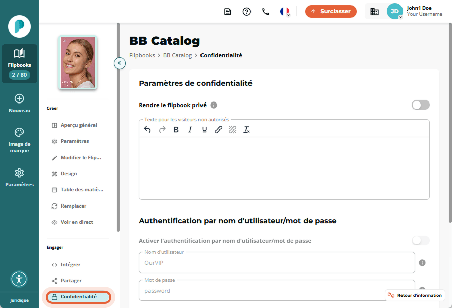 Page des paramètres de confidentialité pour BB Catalog avec toutes les options désactivées, y compri
