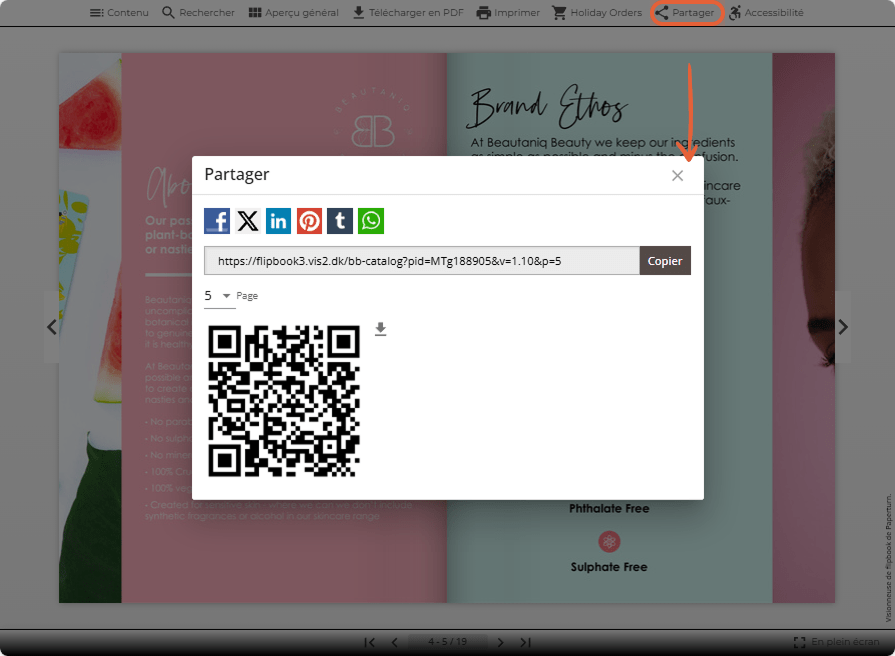 Fenêtre de partage dans le flipbook avec boutons sociaux, lien et code QR.