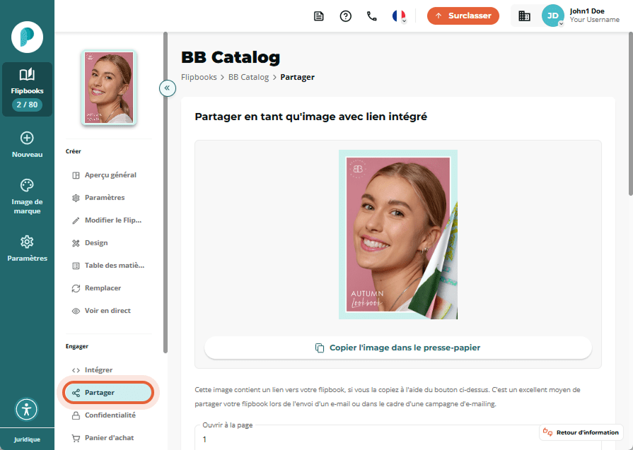 Page de configuration de partage avec options de partage, téléchargement, indexation et accessibilit