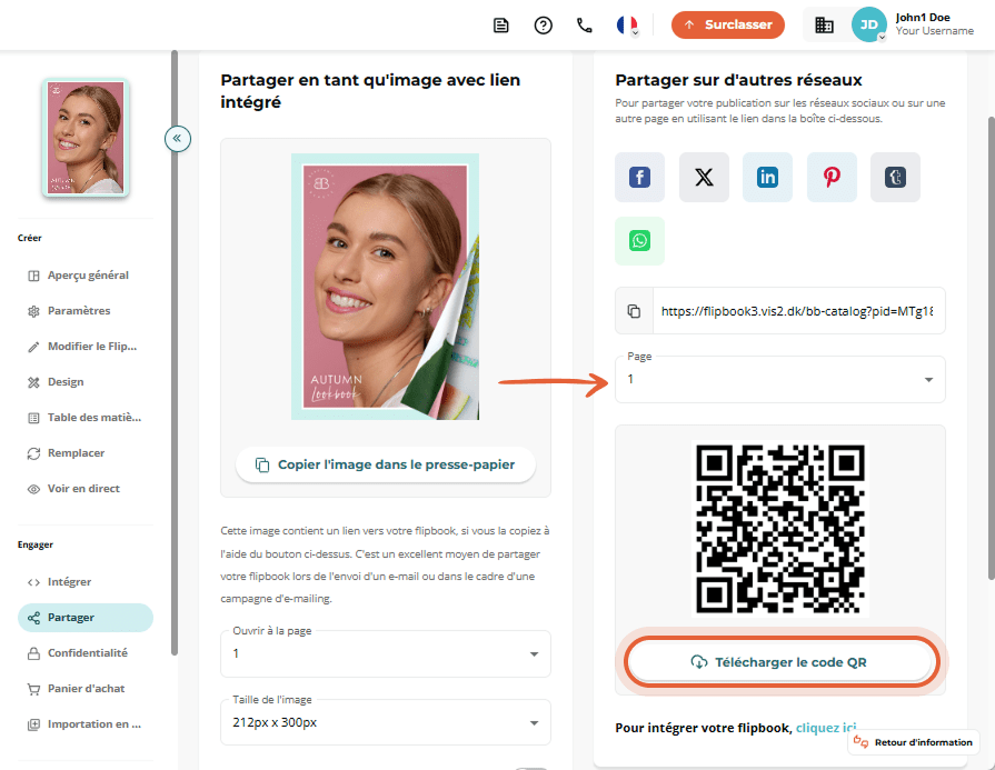 Interface de partage avec bouton de téléchargement du QR code et sélection de page.