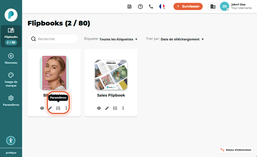 Aperçu du flipbook avec l'icône des paramètres mise en évidence pour le catalogue BB