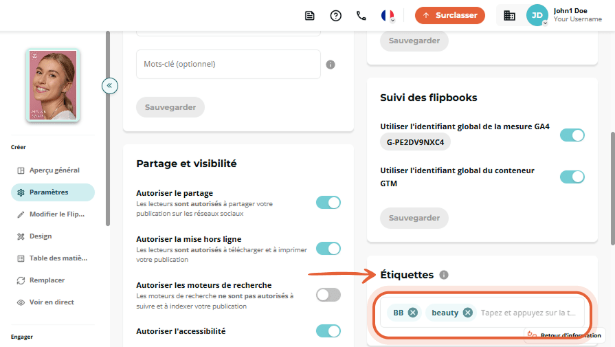 Paramètres de partage et de visibilité développés, avec l'interrupteur Newsflash activé et plusieurs