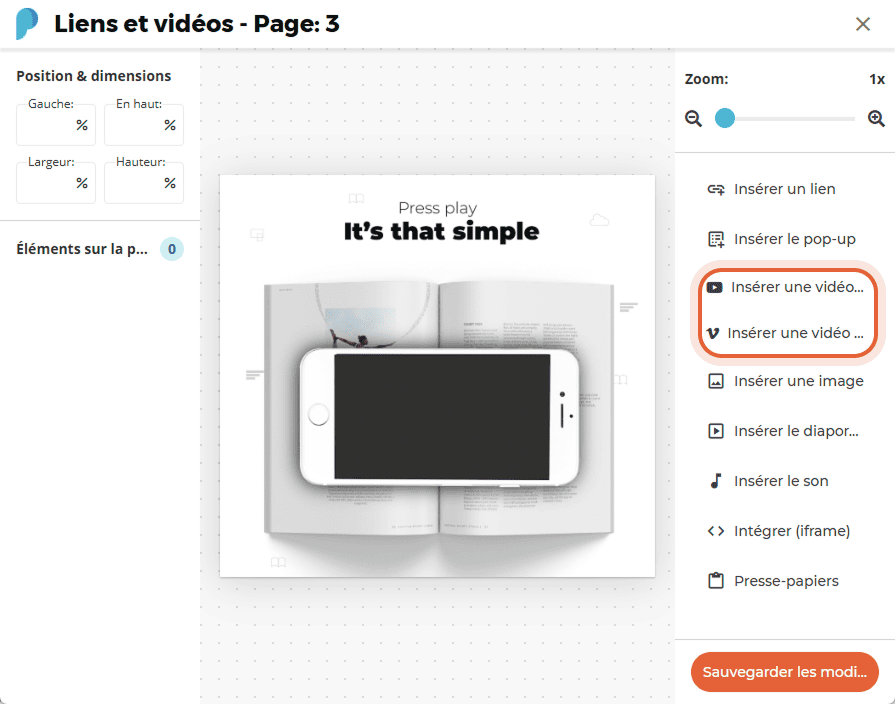 Menu Insérer une vidéo avec les options Insérer YouTube et Insérer Vimeo surlignées à droite.