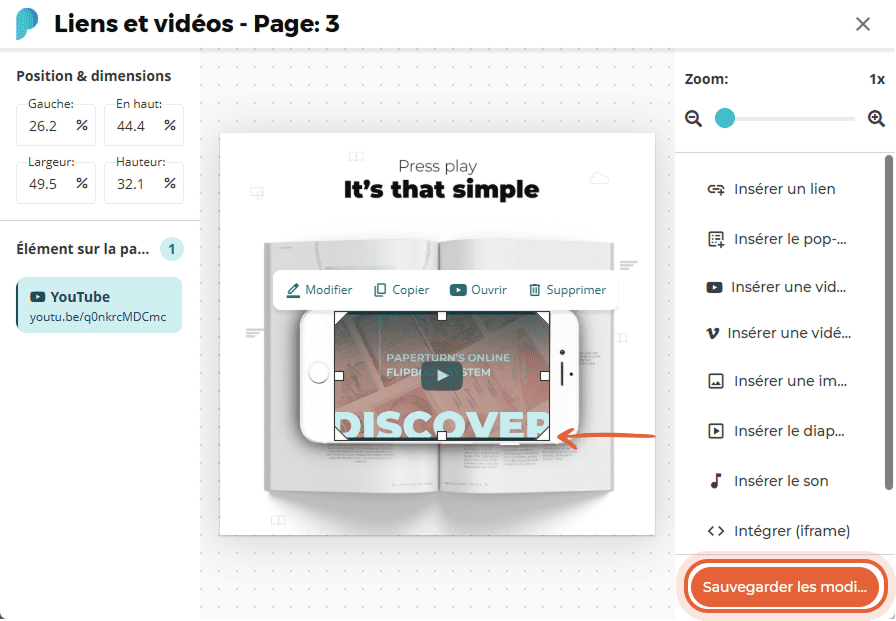 Vidéo YouTube intégrée affichée sur un livre ouvert dans le flipbook, avec boutons modifier, copier, Vidéo YouTube intégrée affichée sur un livre ouvert dans le flipbook, avec boutons modifier, copier,