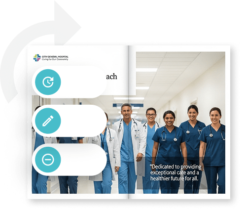 Digital hospital brochure with edit and sync icons — showing how Paperturn helps healthcare teams update content across locations and languages. Digital hospital brochure with edit and sync icons — showing how Paperturn helps healthcare teams update content across locations and languages.