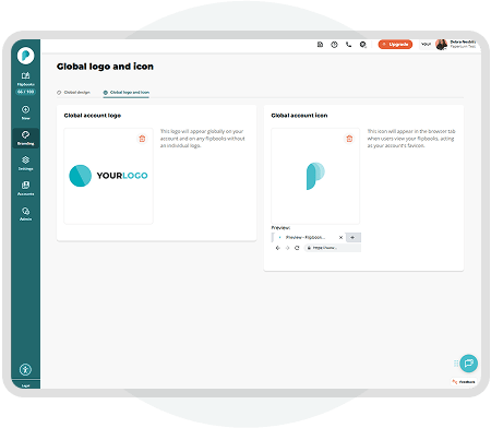 Paperturn white-label dashboard showing options to upload custom brand logos and icons for digital p
