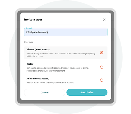 Paperturn invite user interface showing options to assign viewer, editor, or admin roles for team co