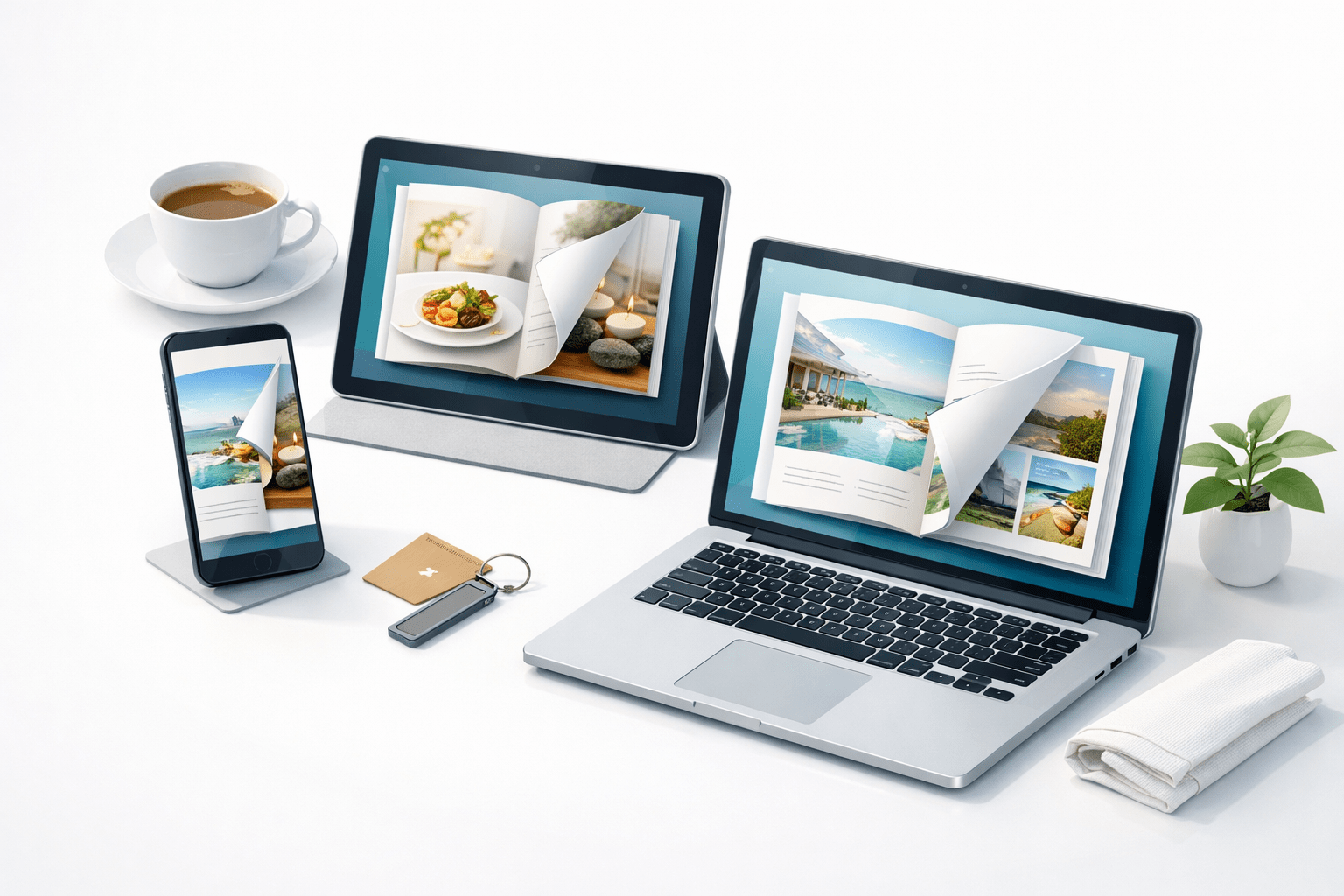 illustration of a phone, tablet, and laptop displaying hotel-style digital flipbooks, arranged with a coffee cup, key card, folded napkin, and plant on a clean white surface.