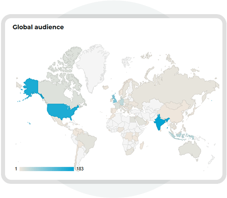 World map showing global audience distribution and readership analytics for digital publications cre